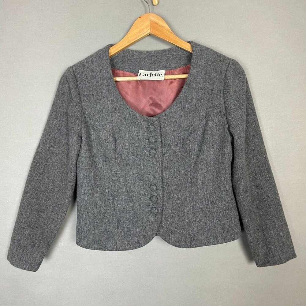 Vintage 1960s Cropped Blazer Jacket 3/4 Length Sleeves Women Carlette Twee Gray